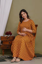 Majestic divas Cotton Rust Orange Printed Maternity Feeding Kurta Dress with Dual Zippers