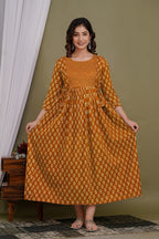 Majestic divas Cotton Rust Orange Printed Maternity Feeding Kurta Dress with Dual Zippers