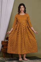 Majestic divas Cotton Rust Orange Printed Maternity Feeding Kurta Dress with Dual Zippers