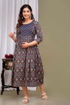 Majestic divas Cotton Indigo Blue Floral Printed Maternity Feeding Kurta Dress with Dual Zippers