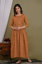 Majestic divas Cotton Rust Orange Printed Maternity Feeding Kurta Dress with Dual Zippers