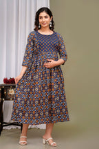 Majestic divas Cotton Indigo Blue Floral Printed Maternity Feeding Kurta Dress with Dual Zippers
