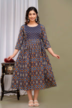 Majestic divas Cotton Indigo Blue Floral Printed Maternity Feeding Kurta Dress with Dual Zippers