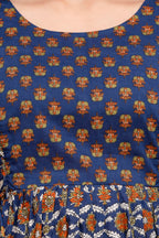 Majestic divas Cotton Indigo Blue Floral Printed Maternity Feeding Kurta Dress with Dual Zippers