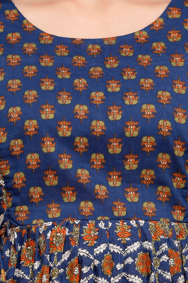 Majestic divas Cotton Indigo Blue Floral Printed Maternity Feeding Kurta Dress with Dual Zippers