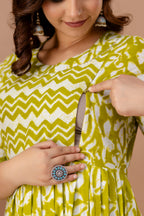 Majestic divas Cotton Lime Green Abstract Floral Printed Maternity Feeding Kurta Dress with Dual Zippers