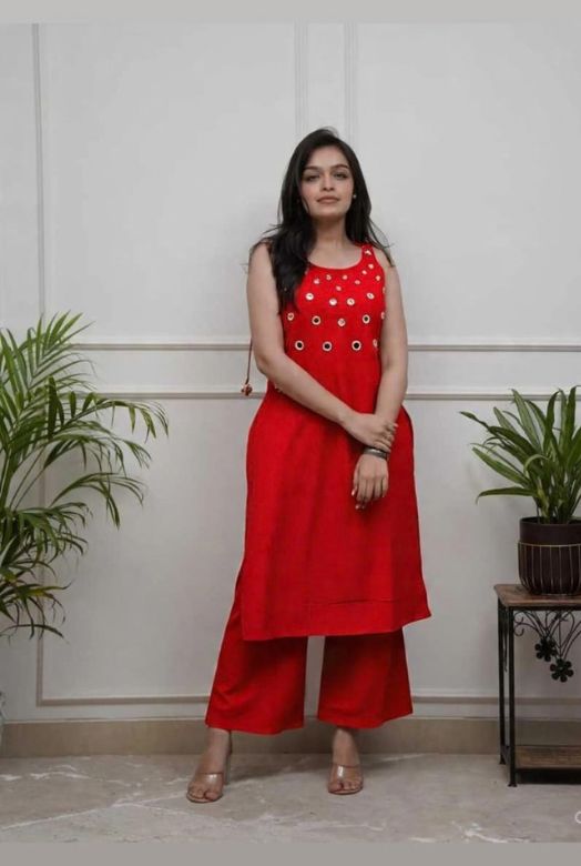 Red Cotton Spaghetti Strap Co-ord Set with Mirror Work