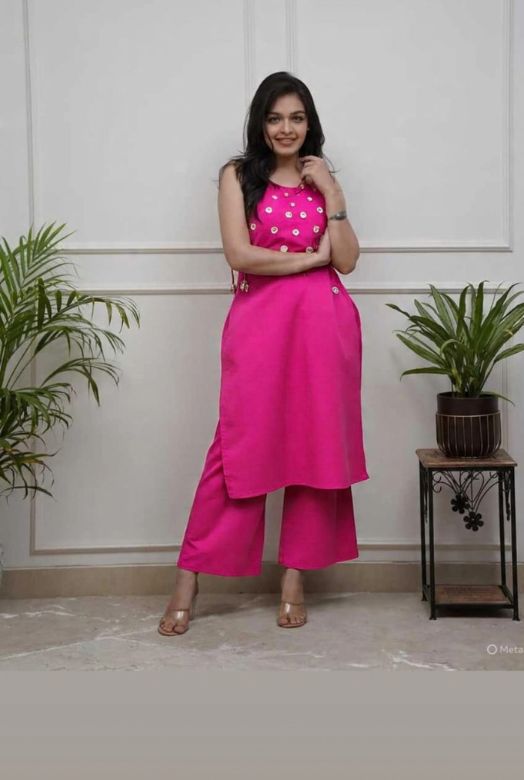 Pink Cotton Spaghetti Strap Co-ord Set with Mirror Work