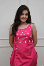 Pink Cotton Spaghetti Strap Co-ord Set with Mirror Work
