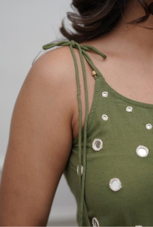 Green Cotton Spaghetti Strap Co-ord Set with Mirror Work