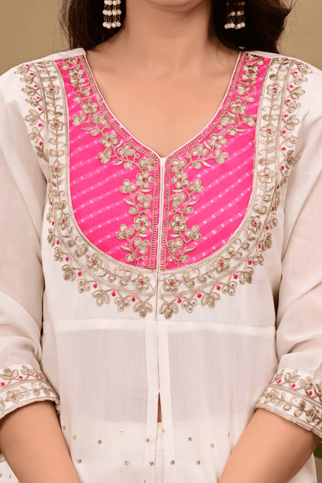 Majestic Diva's White With Pink & Golden Embroidered Co-Ord Set