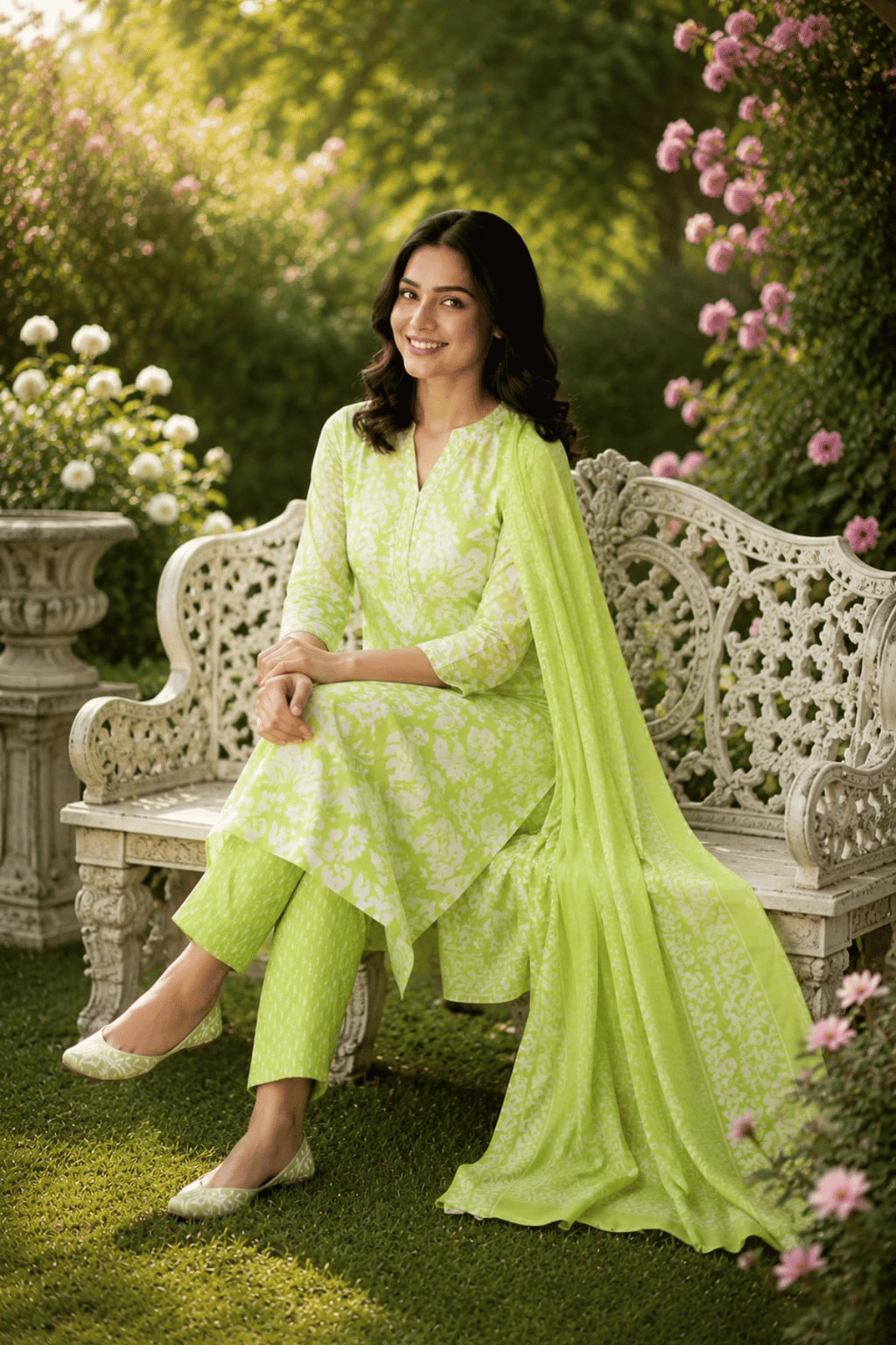 Majestic Diva's Lime Green Floral Printed Dupatta Set
