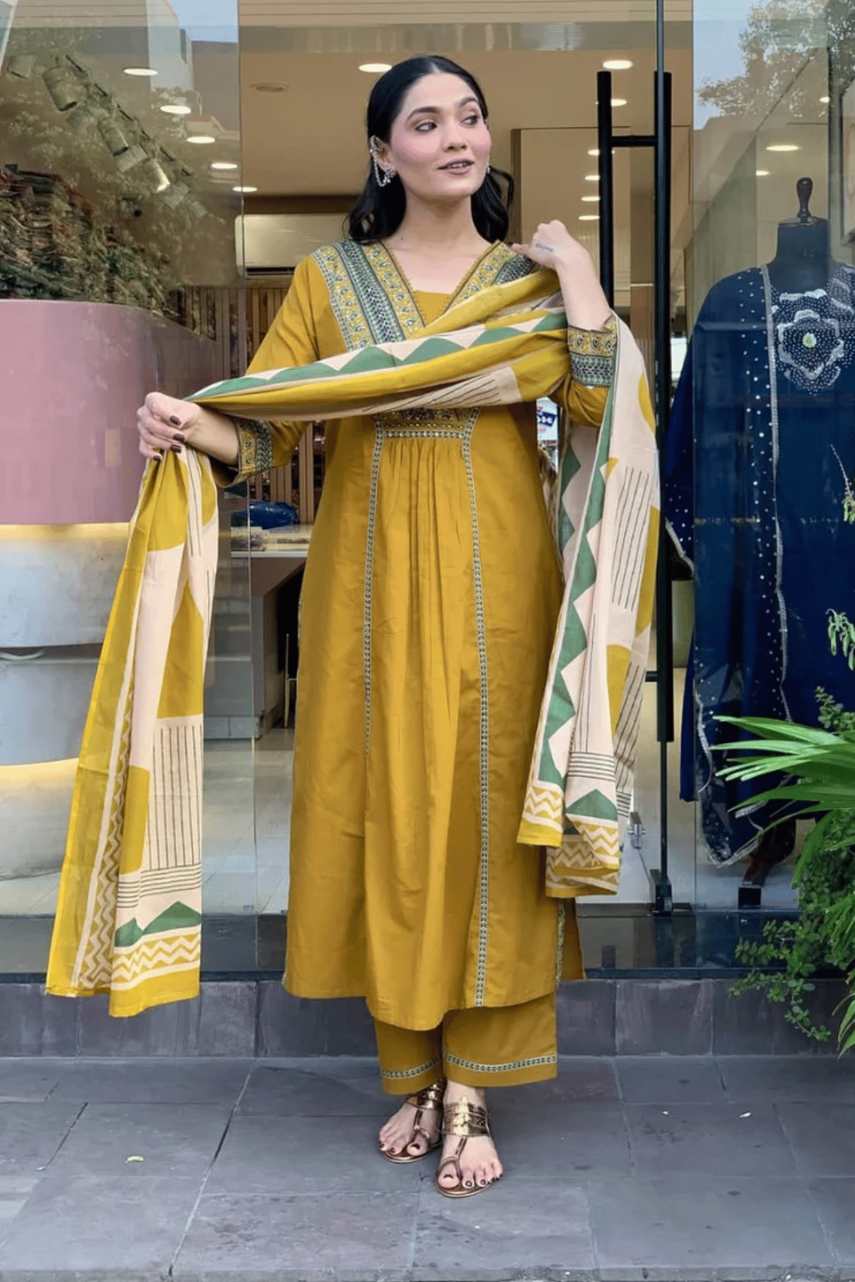 Majestic Diva Mustard Yellow Embroidered and Printed Dupatta set Secondary image