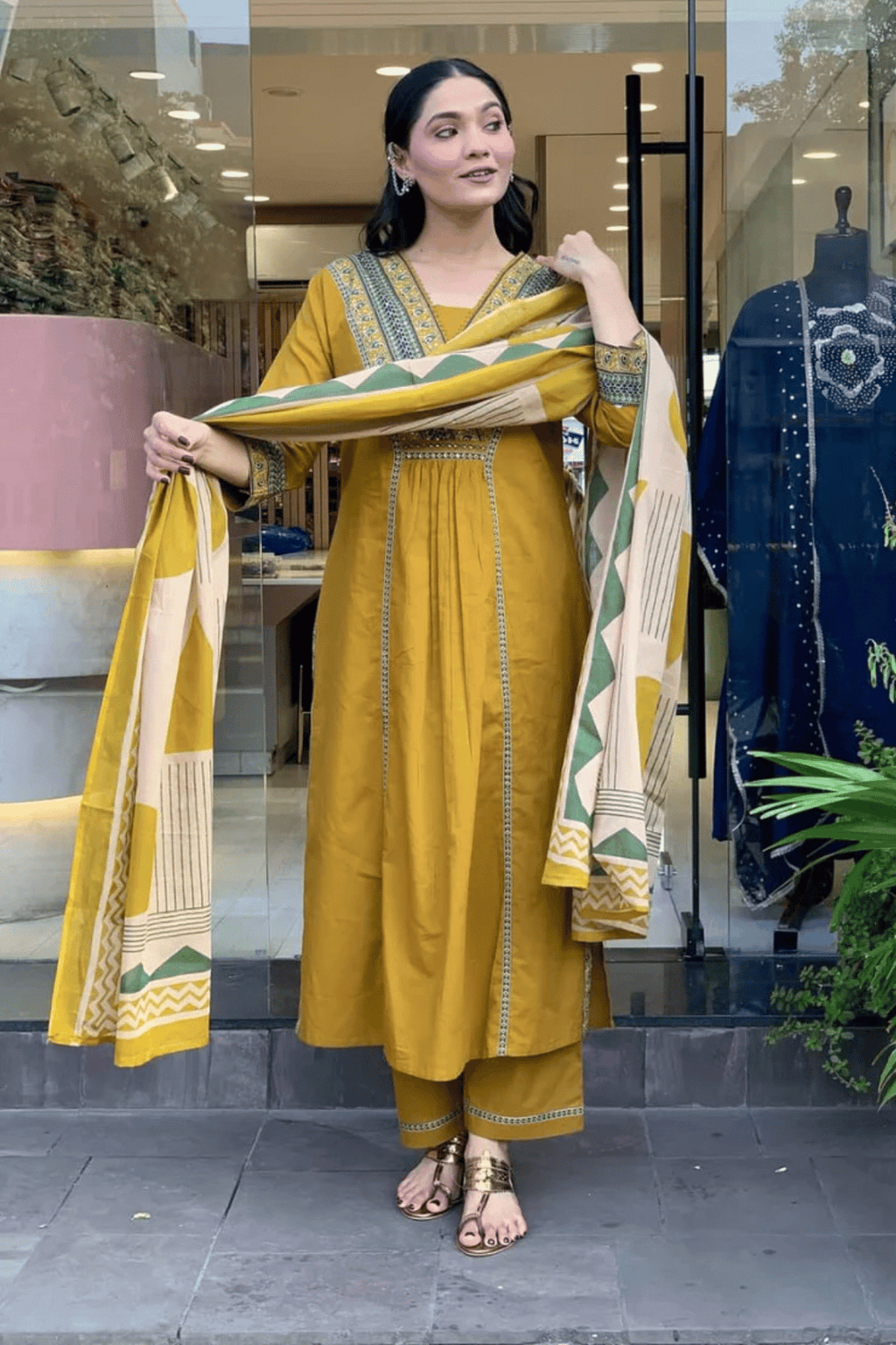 Majestic Diva Mustard Yellow Embroidered and Printed Dupatta set