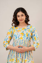 Majestic Diva's Yellow & Blue Floral Printed Cotton Maternity & Feeding Dress
