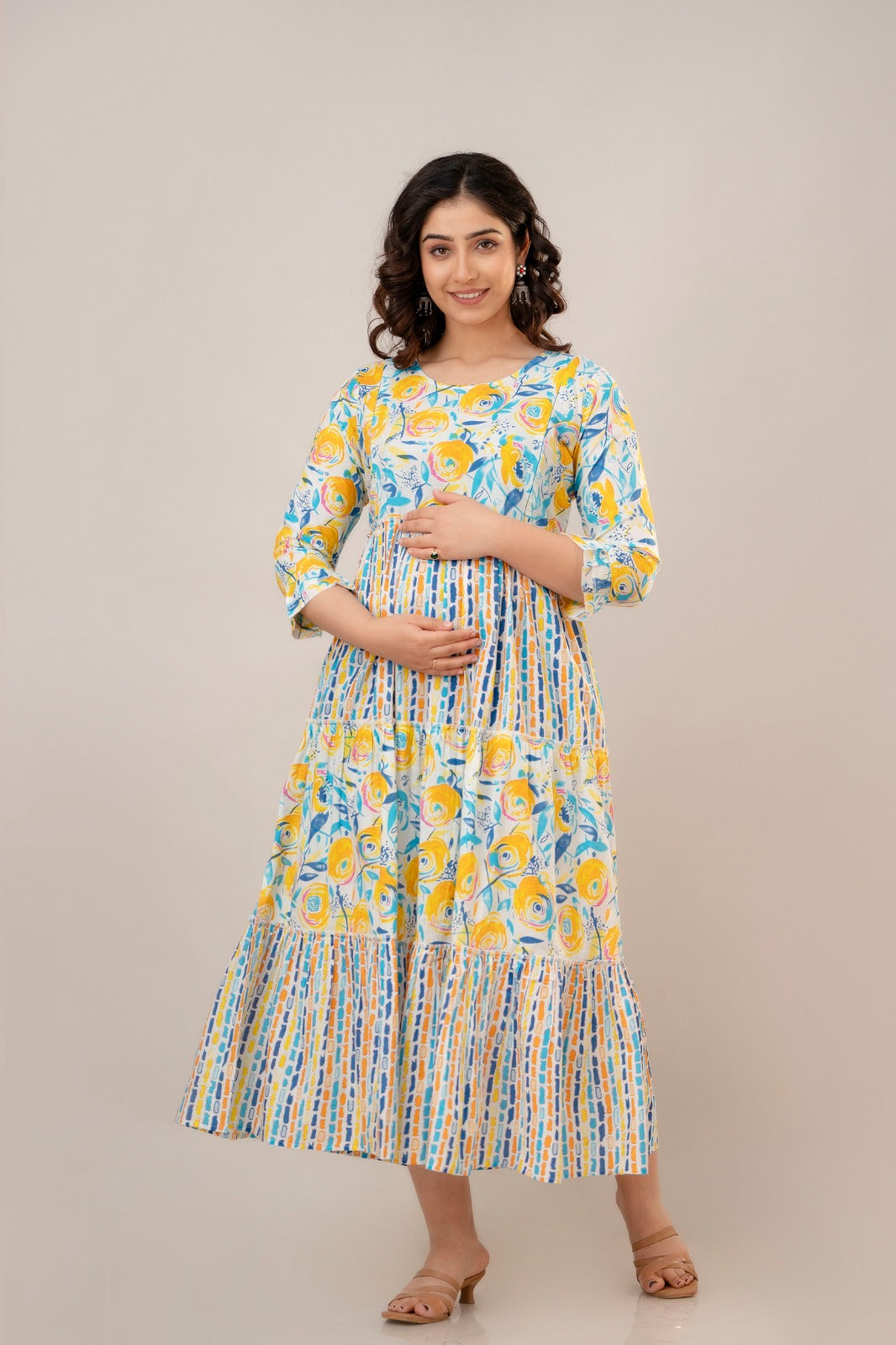 Majestic Diva's Yellow & Blue Floral Printed Cotton Maternity & Feeding Dress Secondary image
