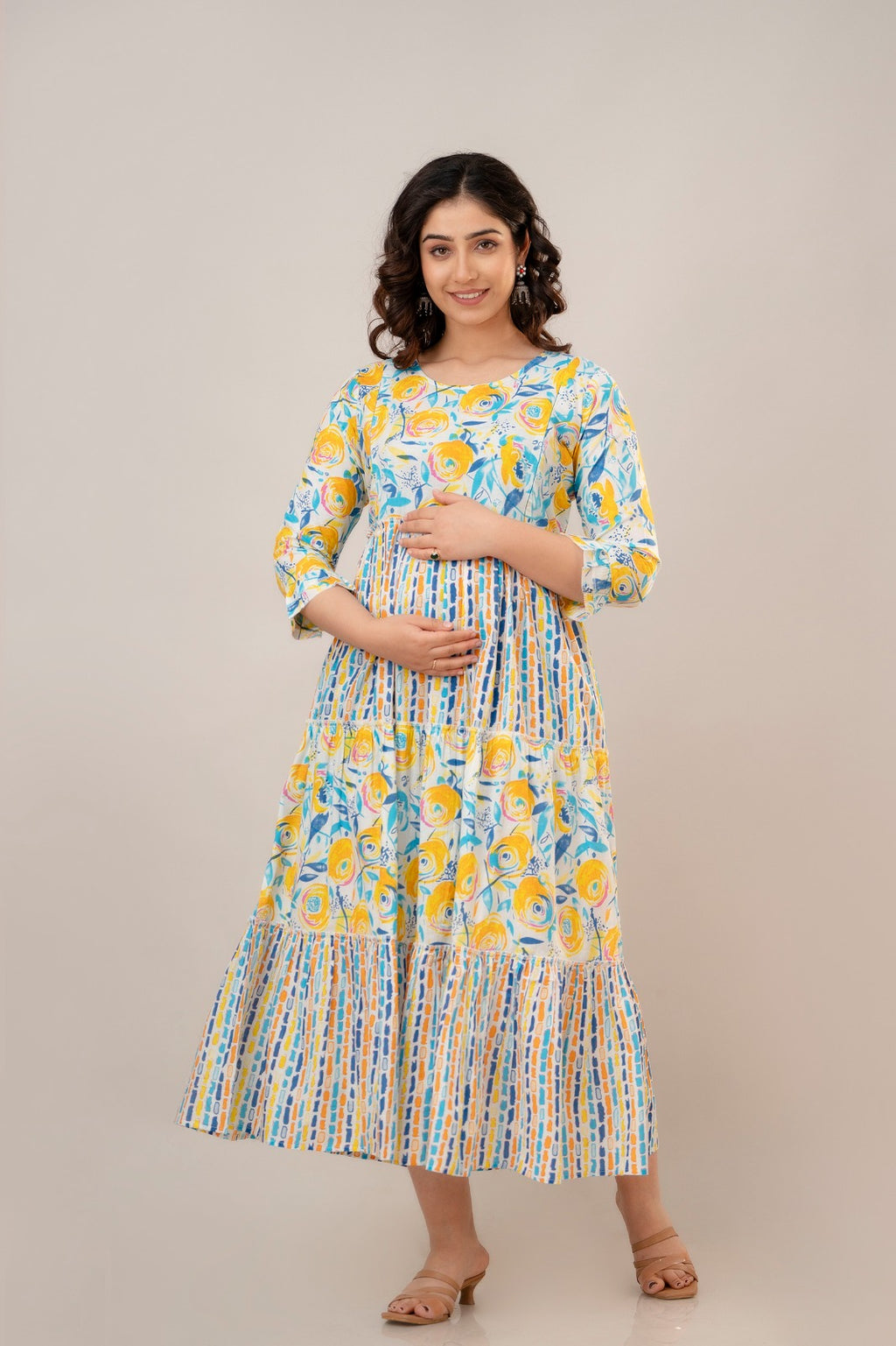 Majestic Diva's Yellow & Blue Floral Printed Cotton Maternity & Feeding Dress