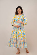 Majestic Diva's Yellow & Blue Floral Printed Cotton Maternity & Feeding Dress