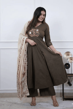 Majestic Diva's Olive Brown Embroidered Dupatta Set
