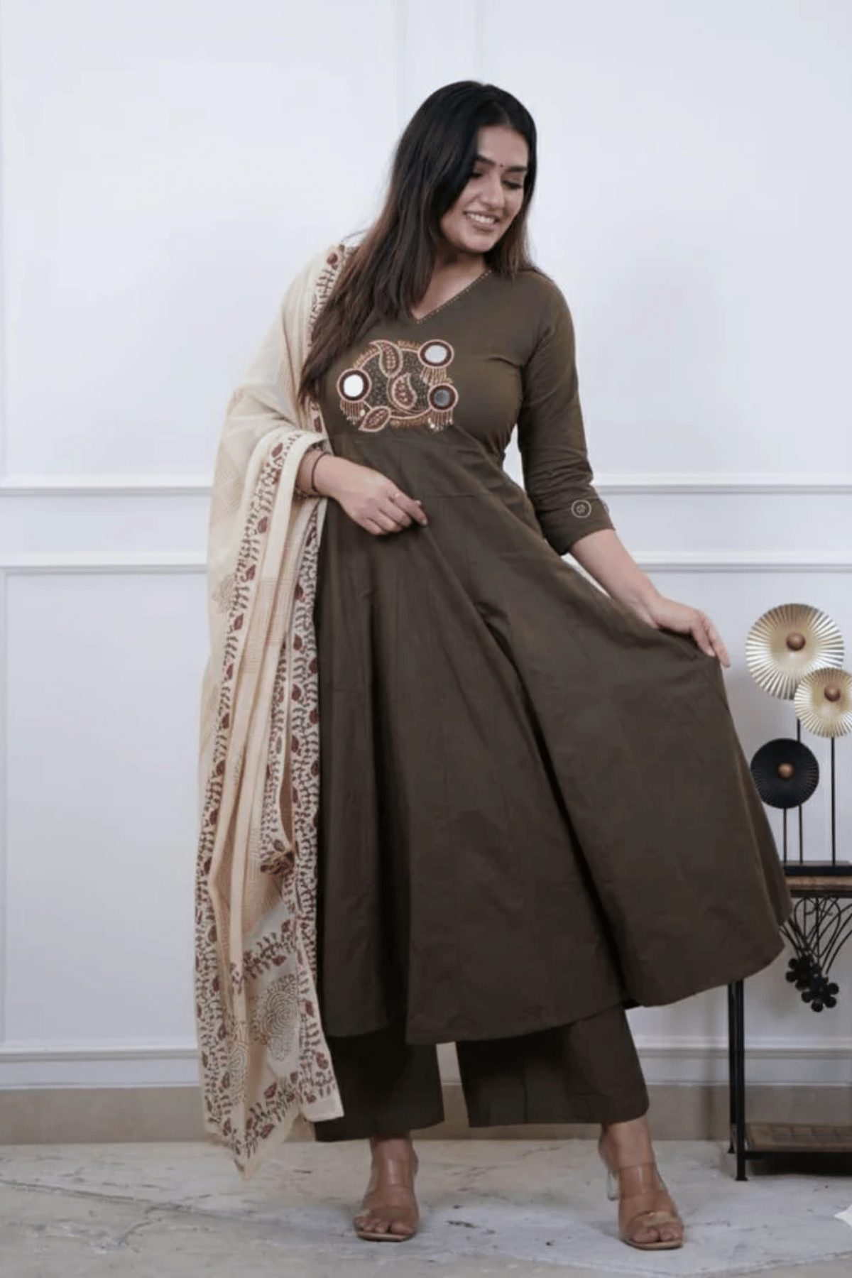 Majestic Diva's Olive Brown Embroidered Dupatta Set