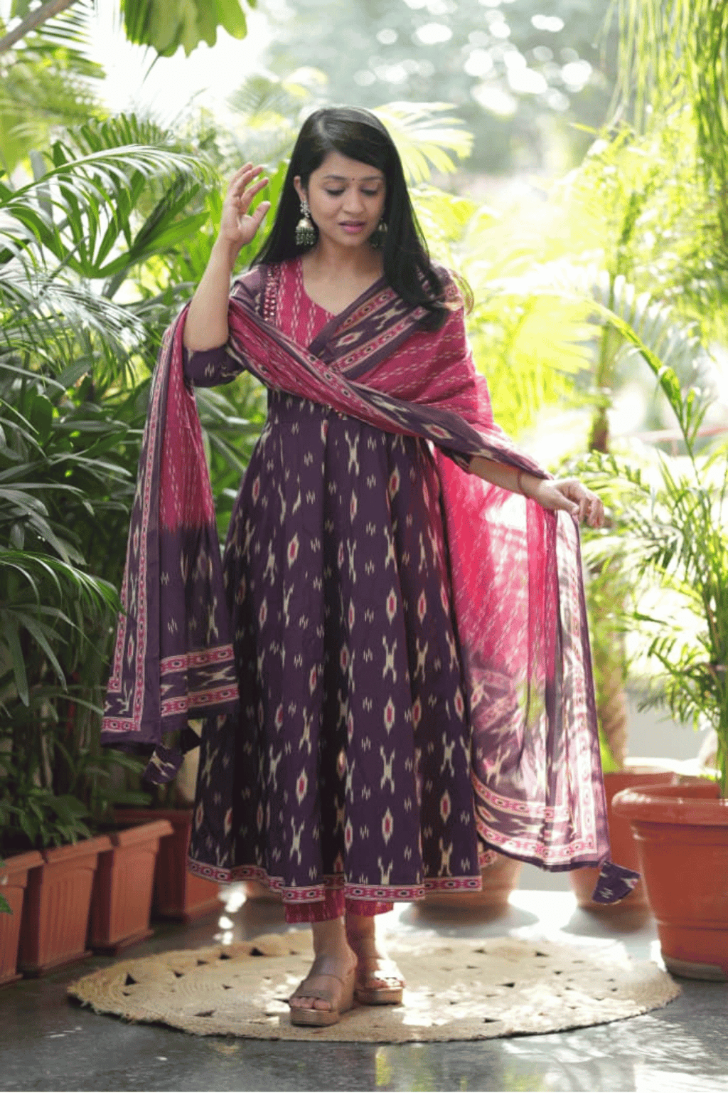 Majestic Diva Purple Ikat Print Anarkali Dupatta Set