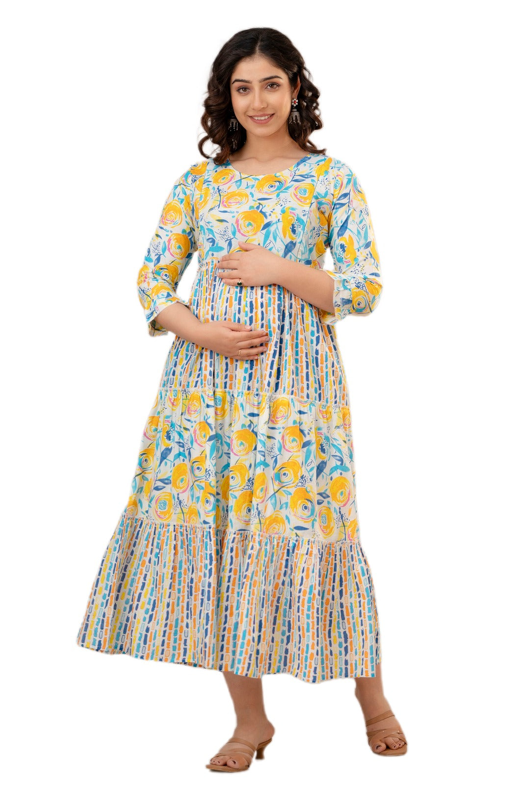 Majestic Diva's Yellow & Blue Floral Printed Cotton Maternity & Feeding Dress