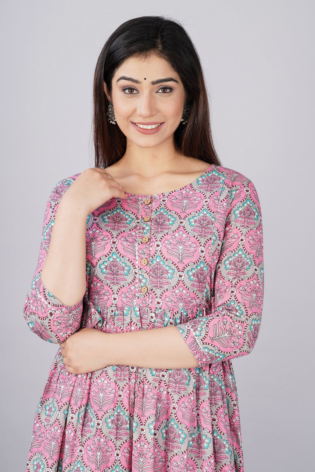 Majestic divas Cotton Pink Blue Floral Buta Printed Maternity Feeding Kurta Dress with Dual Zippers