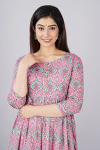 Majestic divas Cotton Pink Blue Floral Buta Printed Maternity Feeding Kurta Dress with Dual Zippers