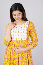 Majestic divas Cotton Lemon Yellow Floral Maternity Feeding Kurta Dress with Dual Zippers