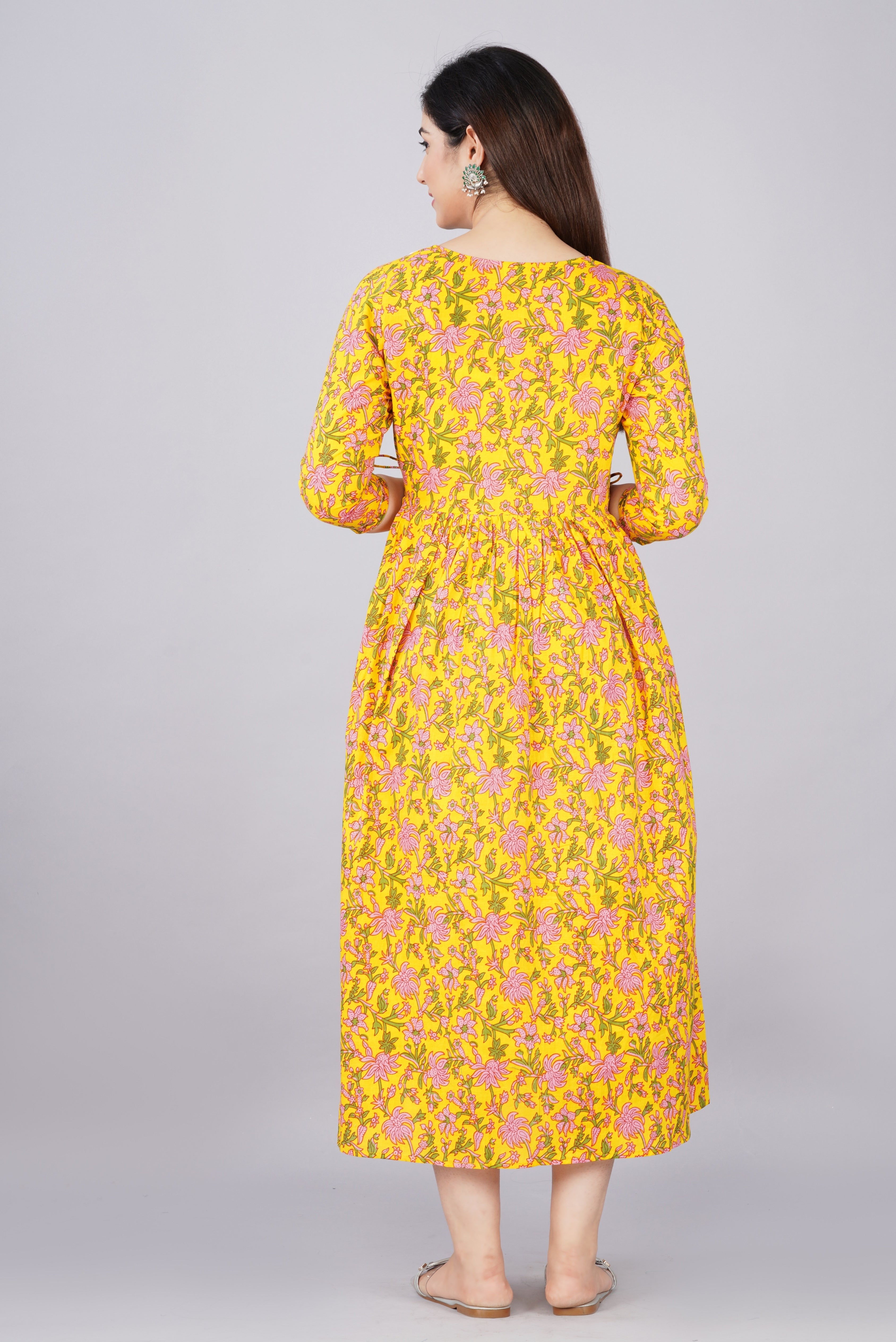 Majestic divas Cotton Yellow Pink Floral Allover Printed Maternity Feeding Kurta Dress with Dual Zippers Secondary image