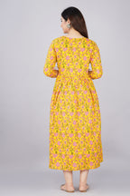 Majestic divas Cotton Yellow Pink Floral Allover Printed Maternity Feeding Kurta Dress with Dual Zippers