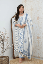 Majestic Diva's White & Blue Printed Dupatta Set