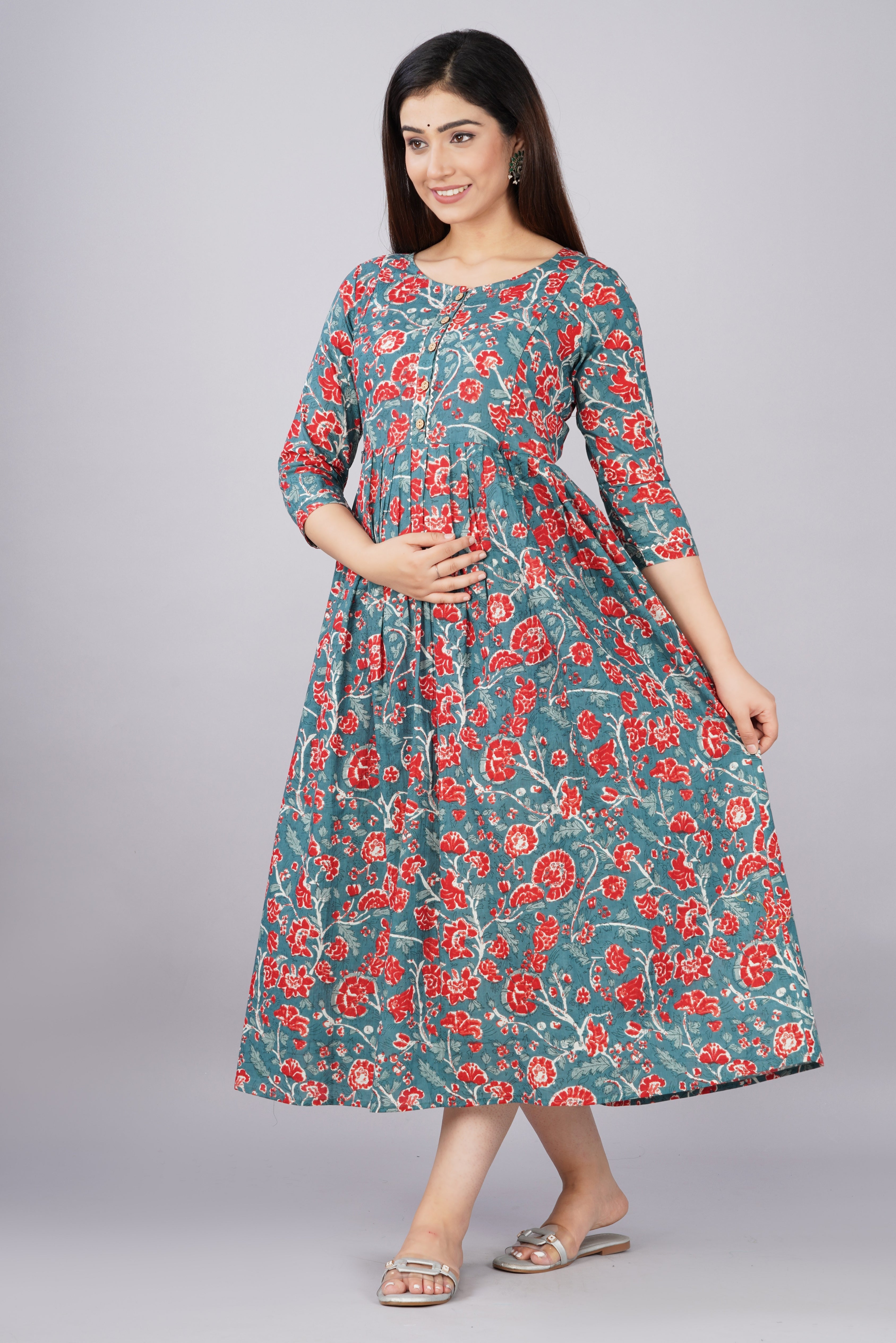 Majestic divas Cotton Teal Blue Red Floral Printed Maternity Feeding Kurta Dress with Dual Zippers Secondary image