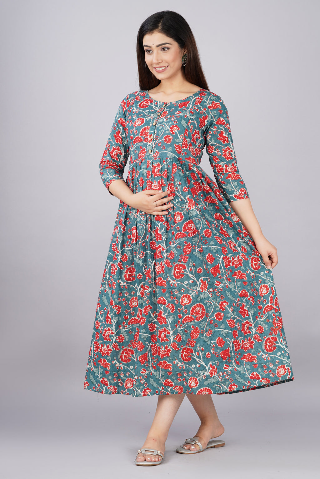 Majestic divas Cotton Teal Blue Red Floral Printed Maternity Feeding Kurta Dress with Dual Zippers