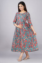 Majestic divas Cotton Teal Blue Red Floral Printed Maternity Feeding Kurta Dress with Dual Zippers