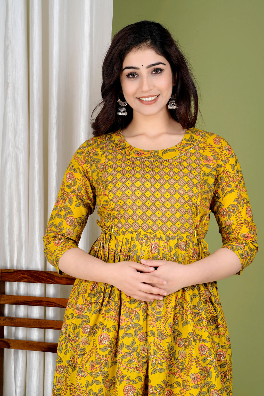 Majestic divas Cotton Mustard Yellow Floral Vine Printed Maternity Feeding Kurta Dress with Dual Zippers