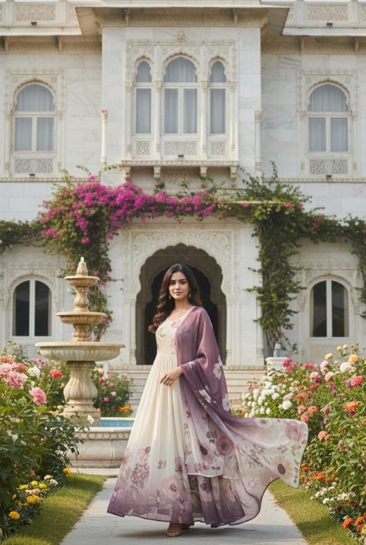 Ivory Cream Floral Digital Print Chiffon Ghera Dupatta Set