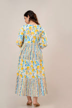 Majestic Diva's Yellow & Blue Floral Printed Cotton Maternity & Feeding Dress
