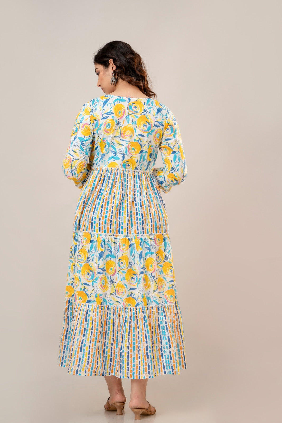 Majestic Diva's Yellow & Blue Floral Printed Cotton Maternity & Feeding Dress