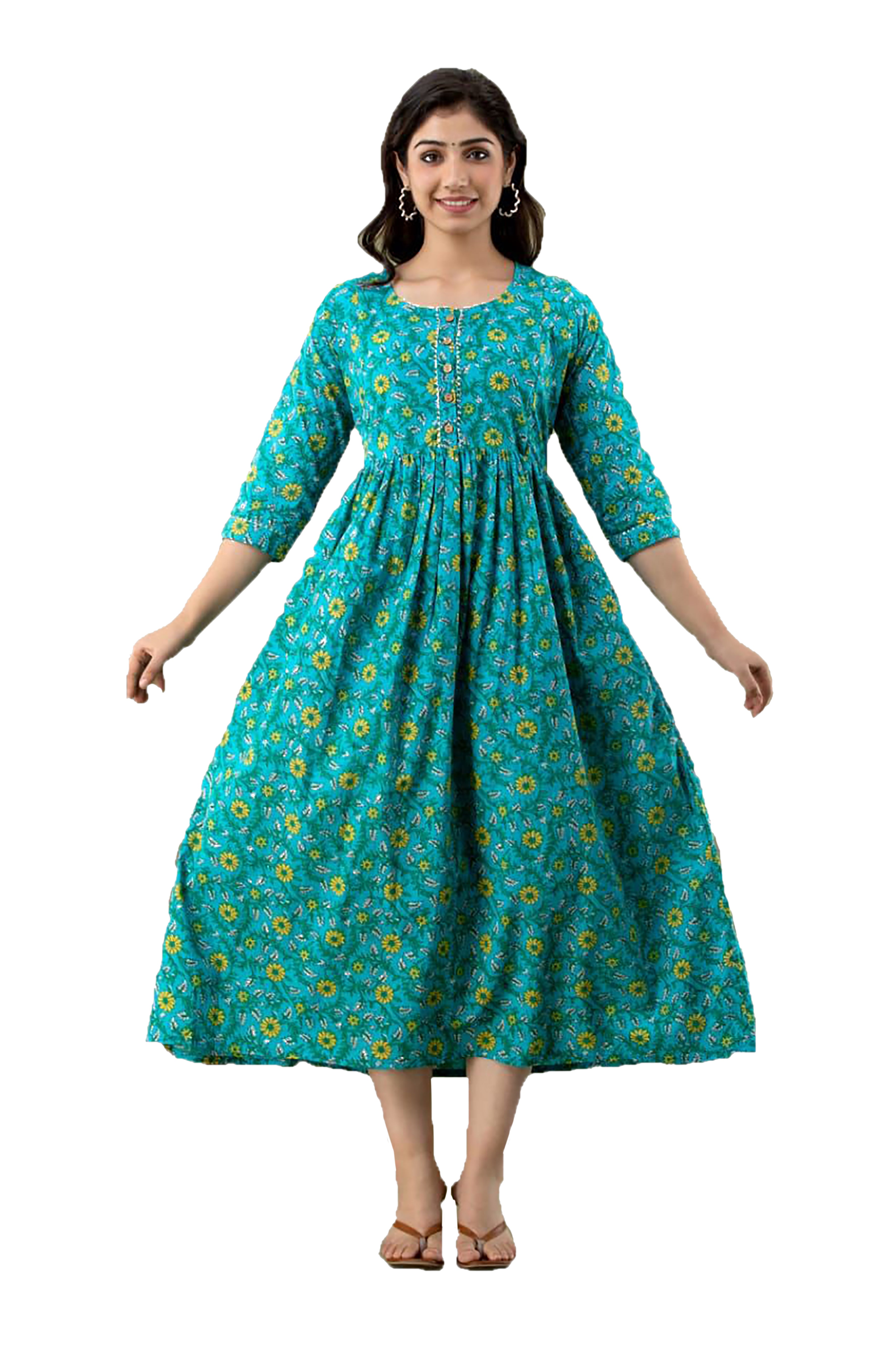Majestic divas Cotton Blue Floral Maternity Feeding Kurta Dress with Dual Side Zippers Main image