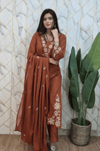 Majestic Diva Rust Brown Floral Embroidered Kurta Set with Dupatta