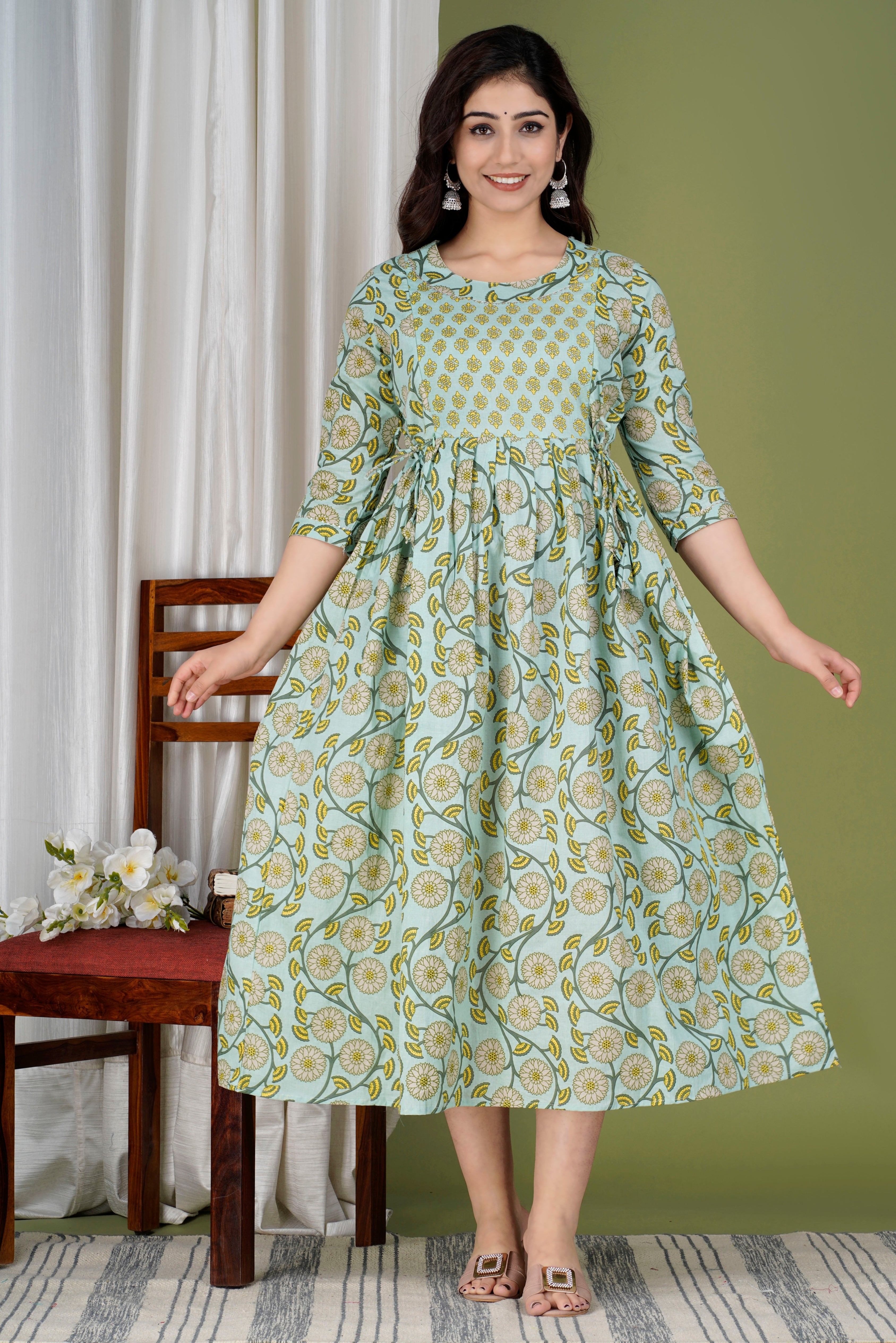 Majestic divas Cotton Mint Green Floral Vine Printed Maternity Feeding Kurta Dress with Dual Zippers Secondary image