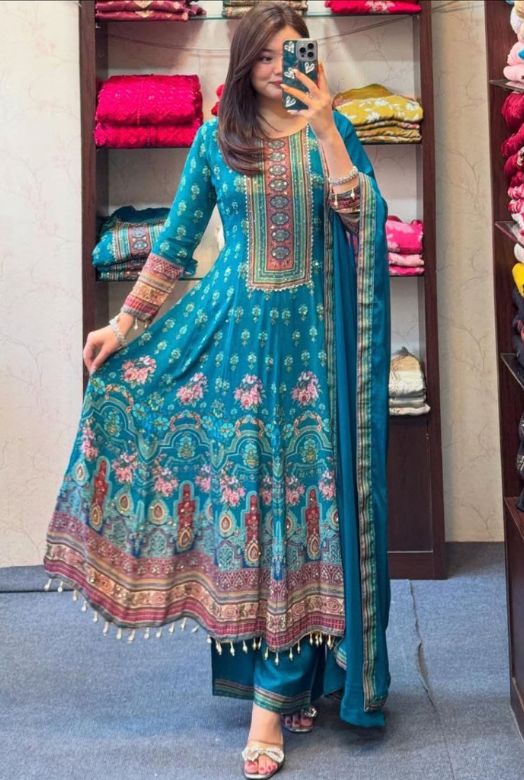 Teal Blue Pure Chinnon Rajasthani Full Anarkali Dupatta Set  with Mirror & Handwork