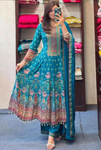 Teal Blue Pure Chinnon Rajasthani Full Anarkali Dupatta Set  with Mirror & Handwork