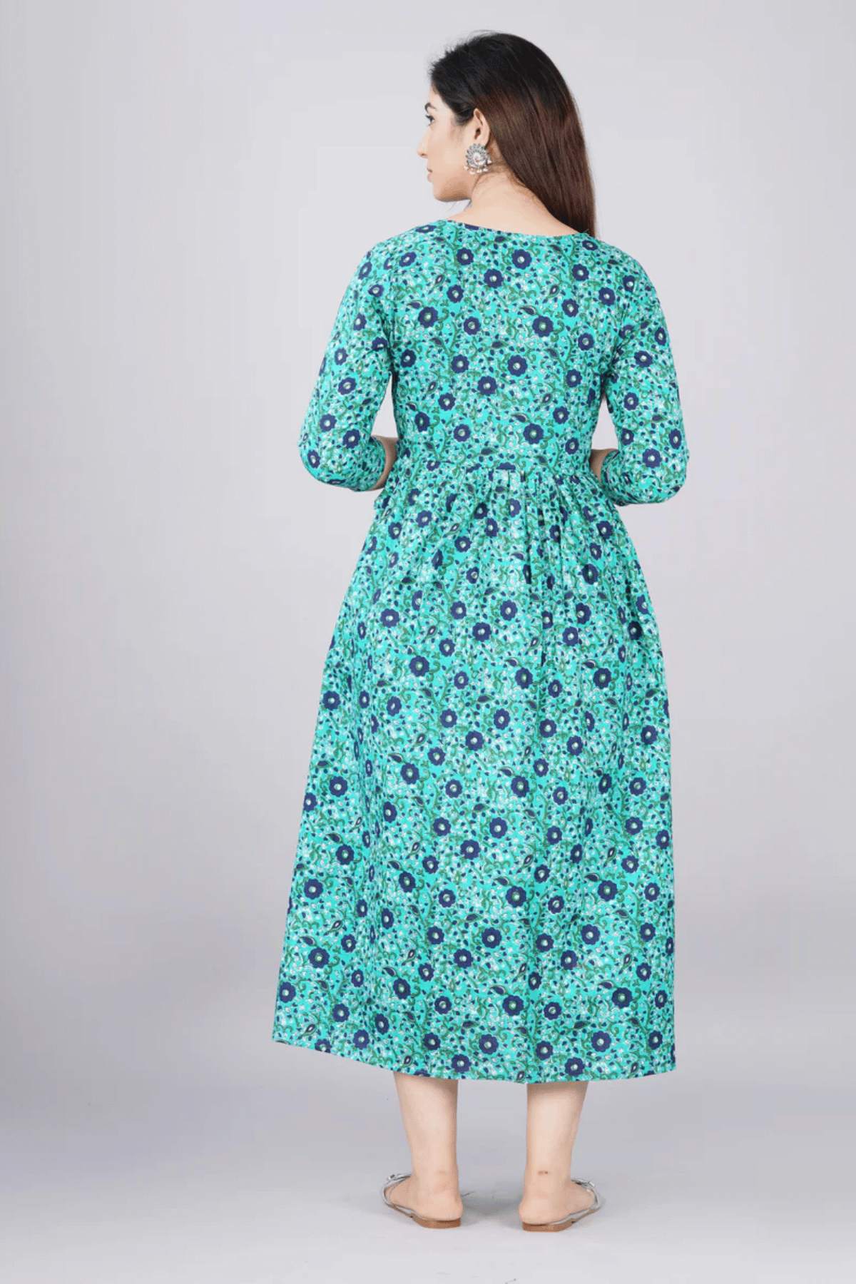 Majestic divas Cotton Teal Blue Black Floral Printed Maternity Feeding Kurta Dress with Dual Zippers Secondary image