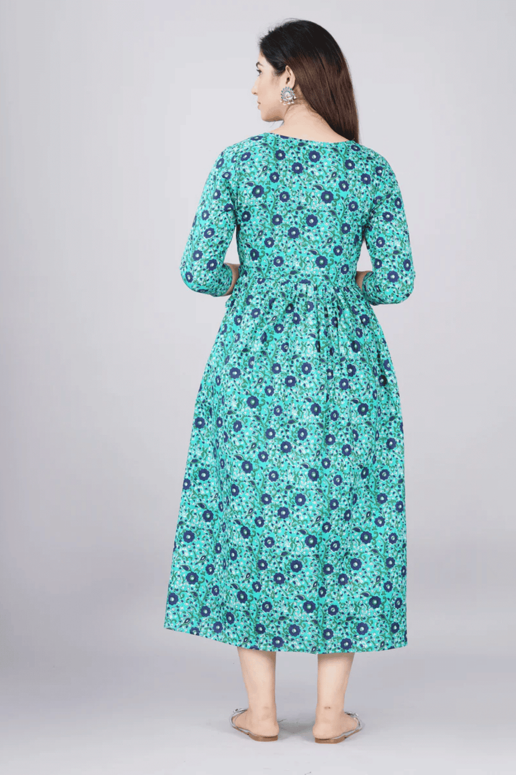 Majestic divas Cotton Teal Blue Black Floral Printed Maternity Feeding Kurta Dress with Dual Zippers