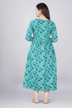 Majestic divas Cotton Teal Blue Black Floral Printed Maternity Feeding Kurta Dress with Dual Zippers