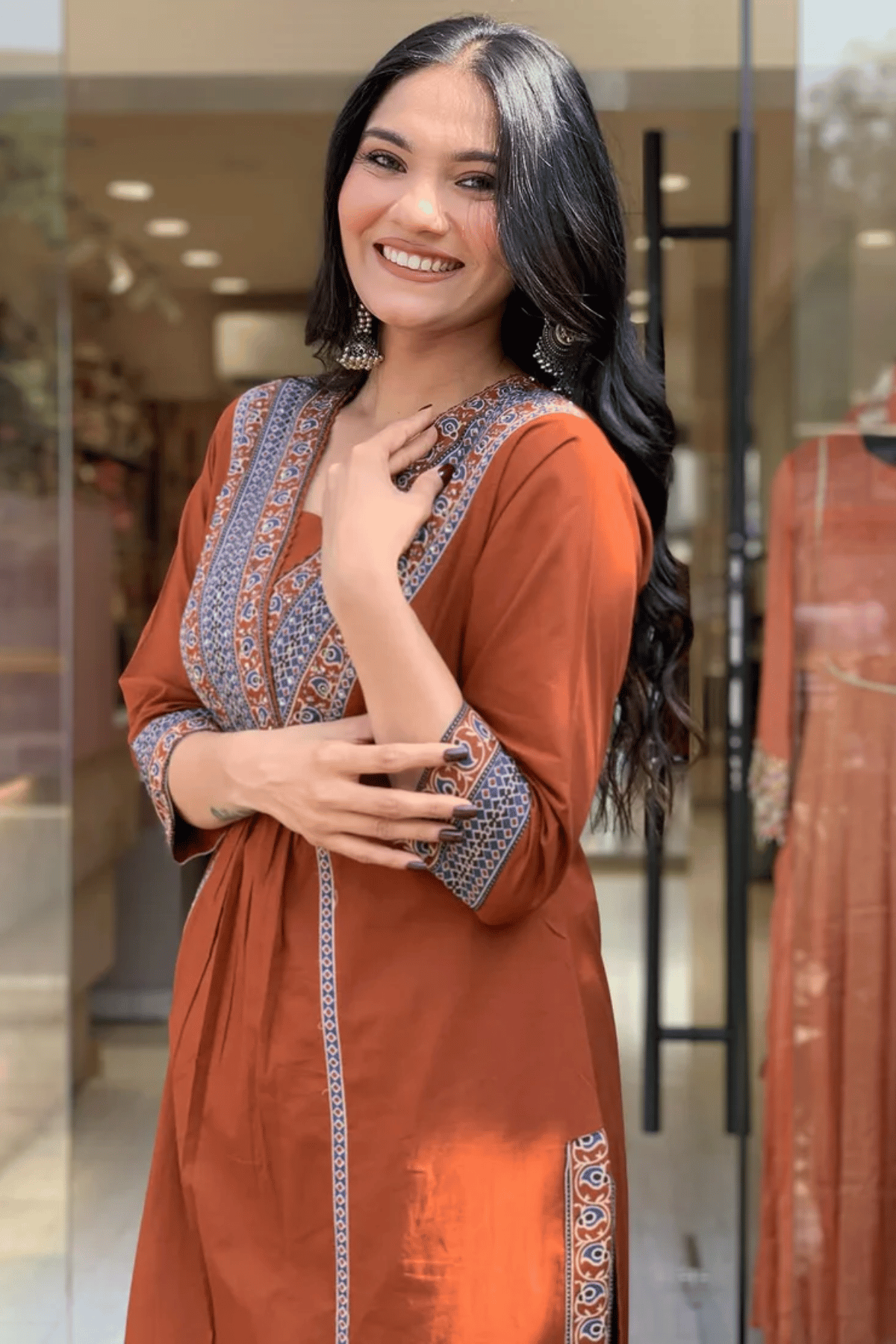 Majestic Diva Rust Brown Embroidered and Printed Dupatta Set