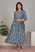 Majestic divas Cotton Navy Blue Floral Printed Maternity Feeding Kurta Dress with Dual Zippers