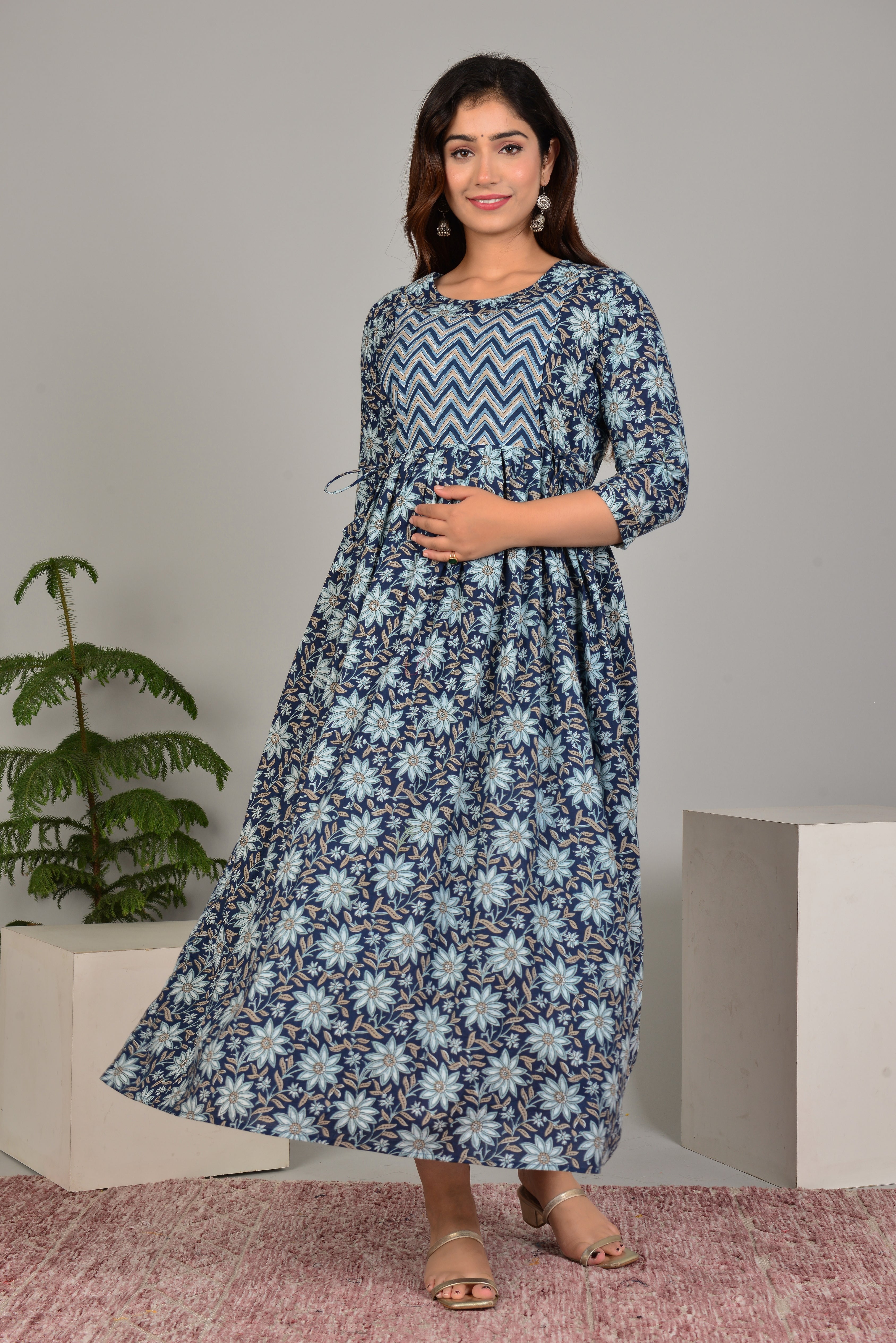 Majestic divas Cotton Navy Blue Floral Printed Maternity Feeding Kurta Dress with Dual Zippers
